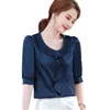 Navy Blue Chiffon Shirt Dames Half Mouw Zomer Mode High End Ruches Losse Blouses Office Dames Casual Work Tops 210604