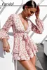 Lange mouwen bloemen chiffon playsuit romper lente zomer vrouwen strand elegante v-mode kleding 210427