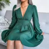 Casual Kleider Reine Farbe Elegante Kleid Frauen Drapierte Hohe Taille Damen Party V-ausschnitt Langarm Sexy Kurze Für Frau 2022