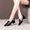 Meotina Echtes Leder Frauen Pumps Spitzschuh Mid Heel Schuhe Slip On Chunky Heels Mode Schuhe Weibliche Schuhe Grün 210520