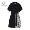 Patchwork Robe À Carreaux Femmes Coréenne Casual Noir Avec Ceinture À Manches Courtes Blazer Robes Dame À La Mode Taille Corset Irrégulière Robe 210515