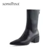 Sophitina Fahion Ankel Boots Sexig Golden Pointed Toe Square Chunky High Heel Zip Höst Manmade Kvalitet Arbete Booties PO723 210513