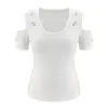 女性のTシャツの女性寒い肩のニットブラウス、夏の半袖中空アウトトップススリムフィットティー