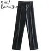 Shebeling Za Woman Casual Traf Byxor Spring Punk Style Straight Long Long Pant High midja Femme Faux Pu Leather Pants 220214