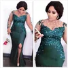 2021 Aso Ebi Arabic Dark Green Sexy Evening Dresses Beaded Mermaid Prom Dress Sheer Neck Lace Appliques Formal Party Gowns