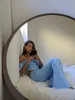 Women Clothing Set Sexy Sky Blue Draped Bodycon Two Pieces Knitted Party Celebrity Bandage Crop Tops Boot Cut Pants 210527