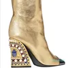 cuir de mouton coloré diamant carré talons hauts CHAUSSURES métal noir pillage orteils Moto longues bottes au genou taille 34-44 Or