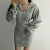 Nomikuma Korea Autumn Winter Fleece Sweatshirt Dresses Korean Sexy Slim Women Dress Long Sleeve Zipper Hooded Mini Vestido 6D576 210427