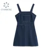 Crop Bretelle Denim Dress Donna Blu Senza Maniche Stile Preppy Vita Alta Cinturino Sottile Jean Abiti Casual Dolce Coreano Abiti 210417