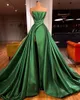 섹시한 전면 분할 어두운 녹색 새틴 이브닝 드레스 2022 Strapless 플러스 크기 스윕 기차 공식 파티 파티 가운 Vestidos de Novia