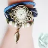 Retro Quartz Bracelets Watches Leaf Pendant PU Leather Strap Dress Wrist Bangle Vintage Weave Wrap Wristwatch Women Girls Knit Watch 358 Y2