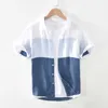 1728 Hommes Summer Fashion Japon Simple Harakuju Haute Qualité 100% Lin Tissu Gradient Patchwork Manches Courtes Casual Slim Chemises 210809