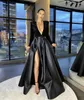 2021 Dark Green Elegant Evening Dresses With Long Sleeve Dubai Arabic Sequins Satin Prom Gowns Party Dress Deep V-Neck High Split