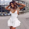 Kobiety Biała Mini Dress Sexy Spaghetti Strap V Neck Ruffles Celebrity Boże Narodzenie Bandaż Vestido 210525