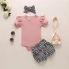 born Cotton Print Outfits Summer Toddler Infant Girl Set Bodysuit+ Striped Shorts+Headband 3pcs Cute Baby Clothes 210515