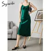 Syiwidii ​​kvinna klänning satin ärmlös spaghetti rem rak solid lyxig glänsande sundress sexig imitation silke klänning grön 210417