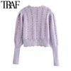 TRAF Women Fashion With Metallic Thread Cropped Knitted Sweater Vintage High Neck Long Sleeve Female Pullovers Chic Top 210415