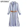 Vrouwen chique mode met riem gestreepte midi shirt jurk vintage lange mouw zijopeningen vrouwelijke jurken vestidos mujer 210416