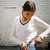 Women Knit Cotton Striped V Neck Sweater In Creme Cable Pullover Crop Top 210512