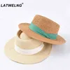 Cappello da spiaggia in paglia fatto a mano Cappello da donna per le vacanze estive Cappello Panama Moda Cappello con visiera piatto concavo Protezione solare Cappelli interi