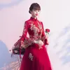 Odzież Etniczna Chiński Styl Haft Cheongsam Burgundii Bride Wedding Suknia Czerwony Elegancki Qipao Slim Długie Siatki Suknie Wieczorowe Duży Rozmiar 3XL