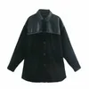 ZAの女性のCordurooyジャケットのパッチワーク長袖オーバーハード女性秋冬プラスサイズの黒いジャケットコートロングトップ210602