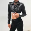 Iamty Black Pu Leather Crop Jacket Wear Punk Style Womens Coats Long Sleeve Turn-Down Zipper Short Fashion 211025