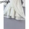 Women White Chiffon Dress Sexy Knot V Neck Long Sleeve Summer Elegant Ladies Elastic Waist A Line Vestido 210430