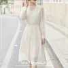 Dantel Zarif Elbise Kadınlar Uzun Kollu Rahat Peri Elbise Tatlı V Yaka Kemer Kadın Kore Tarzı Giyim Sonbahar Ofis Lady 210521