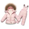 Revestimento Jovem Duck Down Winter Jacket + macacão Kids Girls Roupas Set 1-6 Ano Crianças Ski Terno Bebê Meninos / Meninas Snowsuits