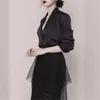 Bahar Siyah Seksi Derin V Boyun Blazer Uzun Coat + Moda Düzensiz Dantel Patchwork Örgü Etek Kadınlar 2 Parça Set Elbise Takım Elbise 210515