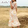 ArtSu femmes 2020 élégant été à manches courtes imprimé fleuri longues robes Boho col en v femme à volants à lacets décontracté Wrap Maxi robe X0621