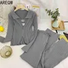 3287 Cardigan lavorato a maglia con colletto polo Cerniera corta a doppia testa Top a maniche lunghe Pit Strip Pantaloni a gamba larga a vita alta 210507