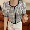 Women Plaid Panelled Blouse o-neck Short Puff Sleeve Loose Fit Shirt Fashion Casual Spring Summer 16F0799 210510