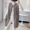 Зимний европейский стиль искусственного меха ягненка плюшевые жилет куртки женщины элегантные о-образные вырезы свободно зерновые флисовые пальто повседневная длинная теплый жилет y0829
