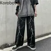 KOBOV Coreano Streetwear Iluminação Imprimir Harajuku Mulheres Calças Vintage Black Cintura Alta Cintura Lega Calças Moda Jogadores 210430