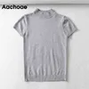 Casual solide tricoté t-shirt femmes manches courtes doux maison t-shirt col roulé dame couverture fine été mujer camisetas 210413