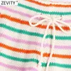 Zevity Kobiety Moda Kolorowe Paski Knitting Summer Shorts Femme Chic Lace Up Waist Casual Pantalone Cortos P1112 210719