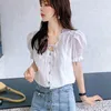 Fashion Hollow Out Square Collar Summer Women Blouse Sweet Backless Top Lace-up Casual Puff Short Sleeve Vit Blusas 10046 210508