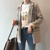Koreański styl Chic Plaid Blazer Kobiety Biuro Nosić Z Długim Rękawem Kurtka Vintage Luźne Kieszenie Double Breasted Coat 210515