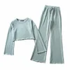 Fashion spring drape Slim wide-leg pants casual two piece Sets short curls side top sports two-piece suit High Street 210508