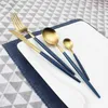 4pcs Cutlery Set Steak Kitchen Food Tableware Dinner Stainless Steel Brushed Titanium High Quality Luxury Blue Gold 210423