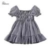 2020 Baby Letnia Odzież Toddler Kid Girl Dress Baby Sukienka Shortsleeve Party Plaid Wzburzyć Tutu Casual Off Ramię Elastyczny Suknie Q0716