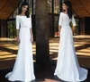 2021 Simple Wedding Dress Boat Neck Half Sleeves Beading Sashes Floor Length Long Bridal Dresses Vestido De Novia