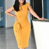 Yellow Elastic Dress Large Size Women Bodycon Dresses Office Ladies Work Waist Belt Modest Classy African Fashion XXXL XL 210416
