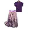 PERHAPS U Women Purple V-Neck Butterfly Sleeve Sweater Knitte Blouse & printed mesh skirt Two-Piece Set Ladies Dress Suit T3030 210529