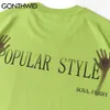 Tişörtleri Streetwear Harajuku Ön Cep El Baskı T-Shirt Hip Hop Rahat Tees Hipster Kısa Kollu Pamuk Gevşek Tops 210602