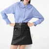 Fashion Vintage Woman Slim Peter Pan Collar Ruffled Blue Striped Long Sleeve Shirt Tops Blouses Chemise Femme 210508