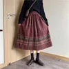 Höst Vinter Retro Woolen A- Linje Skirt Kvinnor Elastisk Hög Midja Plaid Pläterad Mid-Calf Midi Kjolar Mujer Faldas Plus Size 210514