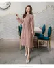 Casual Dresses Sommerkleid Eleganter O-Ausschnitt Blumendruck Frauen Volle Hülse Elastische Schlanke Taille Chiffon A-Linie Langes Vestido